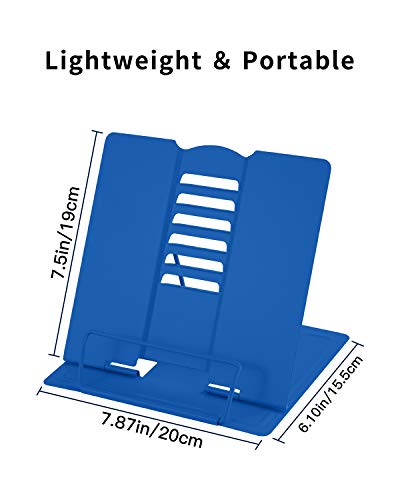 MSDADA Desk Book Stand Metal Reading Rest Book Holder Adjustable Cookbook Documents Holder Portable Sturdy Bookstands for Recipes Textbooks Tablet Music Books with Page Clips (Blue) - color: Blue
