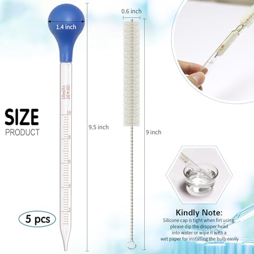 5 Pack 10ml Glass Pipette Dropper Lab Graduated Dropper Glass Liquid Pipette with 1 Pc Cleaning Brush for Liquid Essential Oil, Lab Dropper Pipettes Transfer with Rubber Cap - size: 5x 10ml