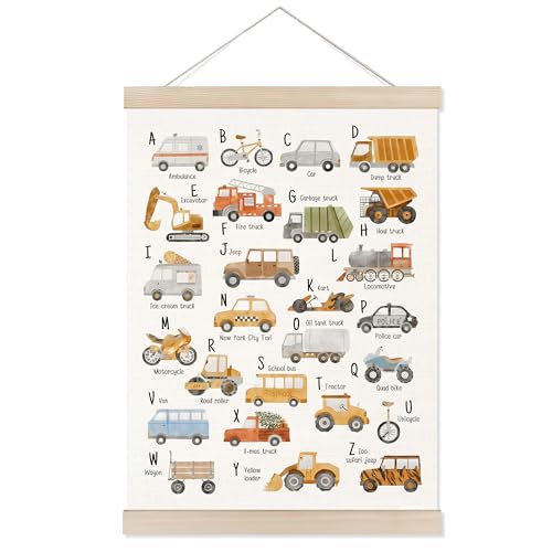 Welshower Transport Alphabet Nursery Poster Hanger Frame, Transport Alphabet Educational Wall Art Prints Decor for Classroom Toddler Kids Nursery Bedroom Playroom Framed, 12x16 Inch - color: Nursery Wall Art 03
