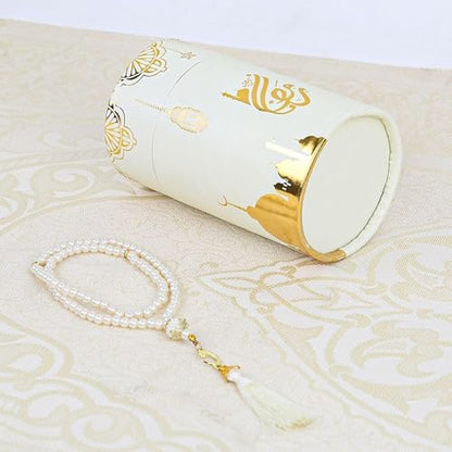VHD Muslim Prayer Rug Set, Janamaz Salah Set, Islamic Tasbih Mat Set (White) - color: White