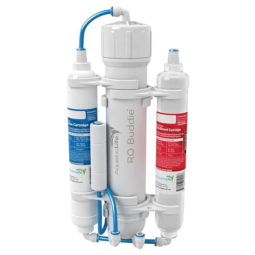 Aquatic Life RO Buddie 3-Stage Aquarium Water Filter System, Reverse Osmosis RO Filtration Unit for Fish Tank, Fountains, and More, 50 GPD (Gallons Per Day) | Compact RO system includes wall-mount brackets and tubing for aquariums, fountains, humidifiers,
