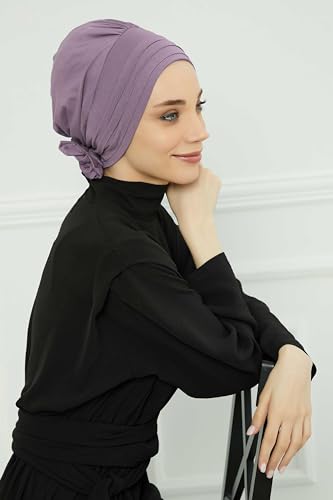 Aisha's Design Instant Turban Head Wraps for Women, Combed Cotton Scarf Lightweight Pre tied Hijab with Back Rose Detail - color: Lilac