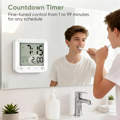 Bathroom Clock Waterproof Shower Timer, Digital Wall Clock with Countdown, Touch Screen, LCD Display, Temperature, Suction Cup/Hanging Hole/Stand, Spa Sauna I White - color: White