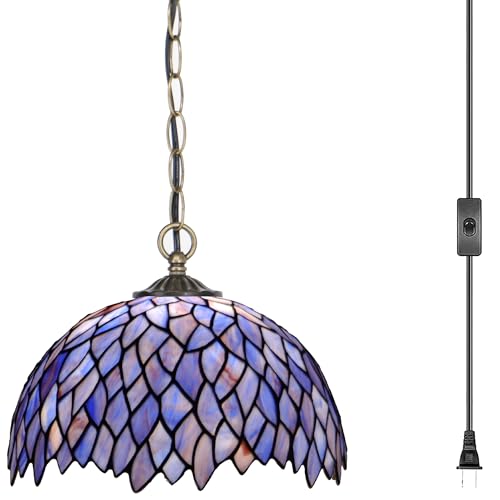 Tiffany Pendant Lamp Plug in 12 inches Stained Glass Hanging Light - color: Wisteria Style