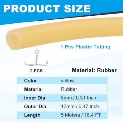 PATIKIL Rubber Tubing, 8mmx12mmx5m Tubing Tube with Hose Clamps, Soft Hose Line Pipe for Multipurpose Industrial Aquarium, Yellow - size: 8mmx12mmx5m