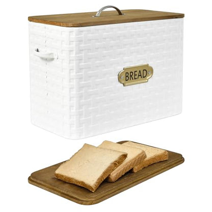 EMAX HOME Extra Large Space Saving Farmhouse Bread Box With Wood Lid - Vertical Breadbox Bread Storage Bin Holder for Kitchen Countertop, White - color: Weaving embossing