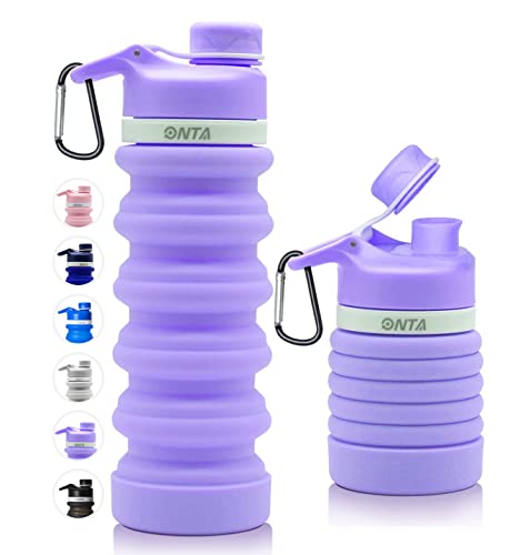 ONTA Collapsible BPA Free Silicone Water Bottle, 20oz - Portable, Leakproof, Easy Clean, Shatter Resistant, Travel Friendly - color: Purple, size: 18.6 Ounces