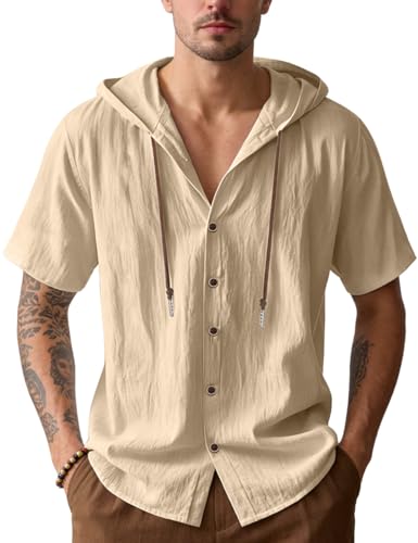 Mens Cotton Linen Button Down Hoodies Long Sleeve Casual Hoodies Hawaiian Beach Top Lightweight Fashion Shirts - color: Beige-1, size: Small