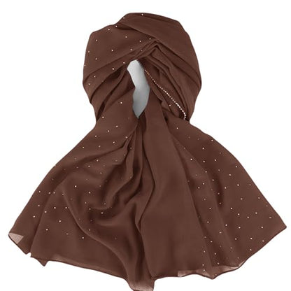 Hijab Scarf for Women Soft Chiffon Rhinestone Long Scarf Shawl Fashion Muslim Hijab Head Wrap Scarves - color: Coffee