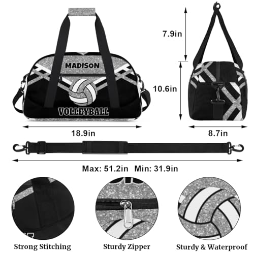 Custom Name Sports Volleyball Duffel Bag, Silver Black Glitters Personalized Sport Gym Duffel Cheerleading Bag Travel Weekender Tote Carry-On Bag - color: Silver Black