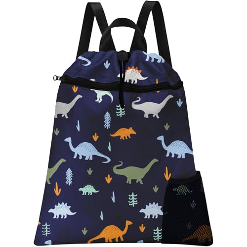 Funny Dinosaur Drawstring Backpack, 15” x 17” Waterproof Swim Bag for Beach Swimming Pool, Lightweight Foldable Gym Bag with Water Bottle Holder for Sports Travel - color: Funny Dinosaurs