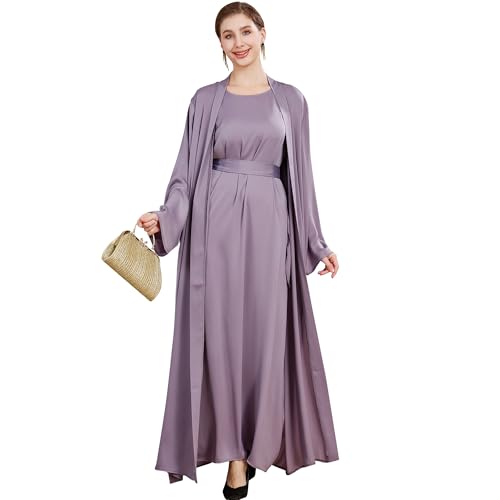 Islamic Abaya Dress for Women Muslim Maxi Abayas 2pcs Silky Fashion Dress Set Daily Kaftan Jilbab Outfit Women Eid Robe - color: Purplea, size: X-Large