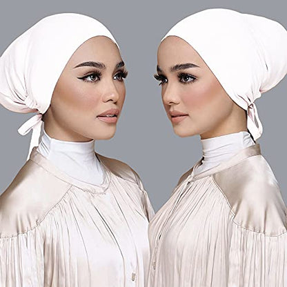 Women Under Scarf Hat Hijab Undercap Islamic Muslim Under Scarf Hijab Cap with Tie-Back Closure - color: White+beige(2pcs)
