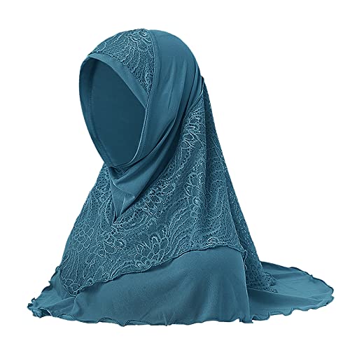 Women Soft One Piece Hijab Long Muslim Turban Islamic Full Head Scarf - color: Lace/Blue