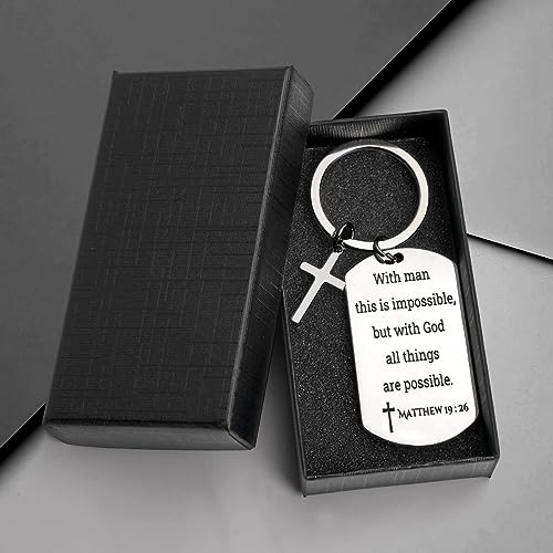 GiftYou Inspirational Scripture Metal Key Chains with Cross Pendant - Bible Verse Keychain Religious Gift for Christian - color: Matthew 19:26