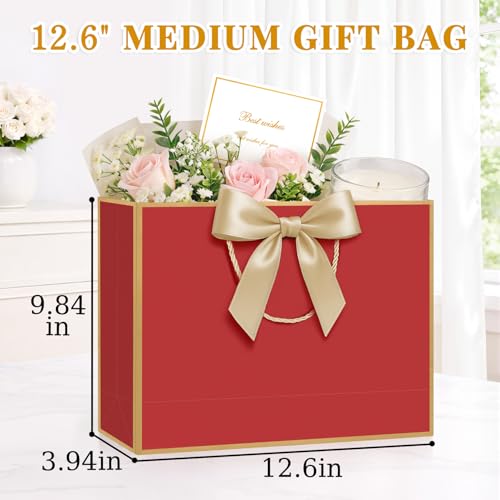 ANZNKU 2PCS Red Gift Bags for Women, Medium Gift Bags with Handles 4 Tissue Paper 2 Ribbons 2 Cards for Birthday Wedding Graduation Bridal & Baby Shower Engagement Presents Party Favors Wrapping - color: Crimson Red