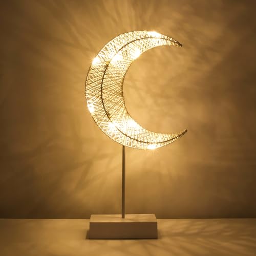 Lewondr Ramadan Lights, Retro Iron Ramadan Candle Lantern with Moon Shape Ramadan Desk Lamp Décor for Home Bedroom Romantic Bedside Desktop Nightstand Decoration