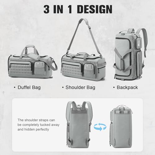 G4Free 3-in-1 Duffle Bag Travel Gym Sports, Large Tactical Duffel Backpack | 50L/65L with Shoes Compartment and Wet Pocket, Military Workout Bag for Men and Women, Grey - color: Grey