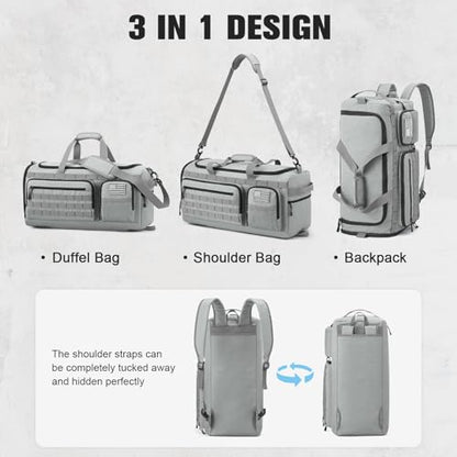 G4Free 3-in-1 Duffle Bag Travel Gym Sports, Large Tactical Duffel Backpack | 50L/65L with Shoes Compartment and Wet Pocket, Military Workout Bag for Men and Women, Grey - color: Grey