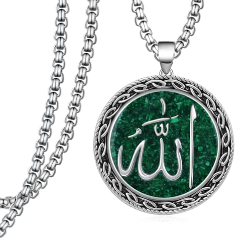 Allah Necklace 925 Sterling Silver Turquoise Allah Pendant Necklace Islamic Jewelry Muslim Gifts for Men Women - style: 02-Malachite Allah Necklace