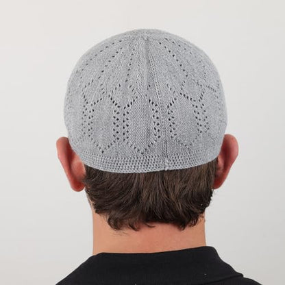 Muslim Kufi Hats for Men, Velvet Crochet Islamic Prayer Cap, Stretchable, Breathable Knit Skull Beanie,Standard Size - color: Ajur - Black Grey