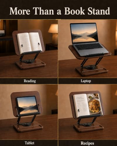 Adjustable Book Stand for Reading with Light, Book Holders for Reading Hands Free, Ergonomic Reading Stand for Cookbooks,Bibles,Laptop & Tablet with Page Clips & 360° Rotating Bases for Study & Office