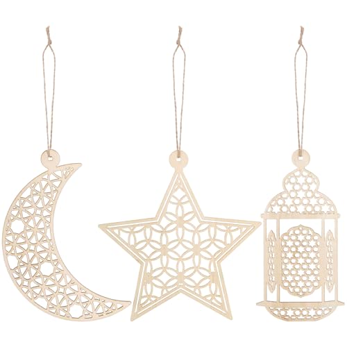 Xuhal 3 Pcs Wood Ramadan Decorations Hanging Eid Mubarak Decorations Hollow Moon Star Lantern Wooden Pendant Ornament for Muslim Islam Home Decorative Supplies