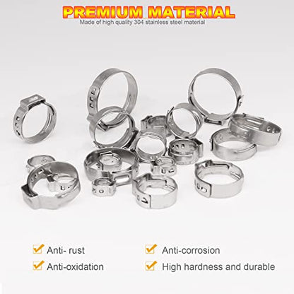 AKIHISA 100Pcs 5 sizes Single Ear Hose Clamps, 21-28.6 mm 304 Stainless Steel Pex Crimp Rings Kit, Crimp Hose Clamp Assortment Set for Securing Pipe Hoses and Automotive Use - size: 100Pcs (21-28.6mm)