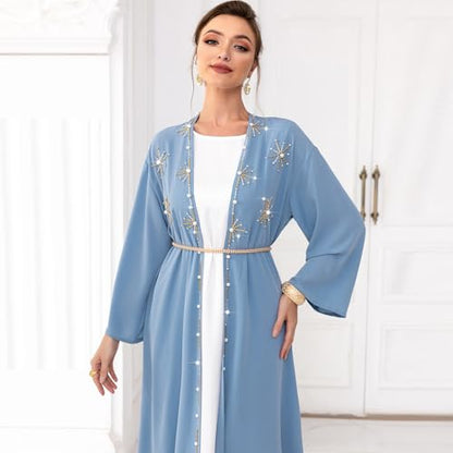 IDOPIP Muslim Abayas for Women Long Sleeve Open Front Cardigan Rhinestone Applique Islamic Dubai Maxi Kaftan Dress with Belt - color: Blue, size: XX-Large