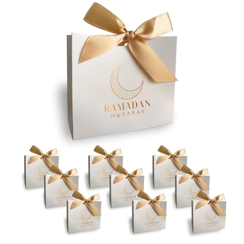 All Things Salam. Premium Ramadan Mubarak Gift Bags | White Favor Bags with Gold Foil Design | Ribbons Included | Traditional Crescent Moon Design | Ramadan Mubarak Gift Bags (Set of 10)