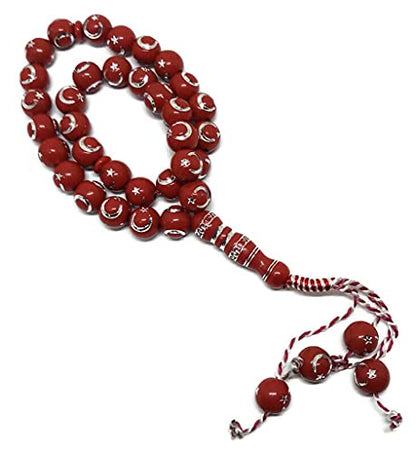 Muslim Bead Tasbih 33 Rosary AMN-277 Islam Prayer dhikr Misbaha with Moon Star Engraved on Islamic Religion Eid Ramadan Gift (Red) - color: Red