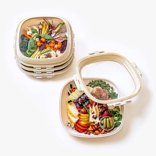 Crudités | Portable Snack Tray | Square 4-Pack | Cream White | Reversible Stretch Lid Food Containers | BPA-Free, Freezer & Dishwasher Safe | Meal-Prep, Charcuterie, Salads, Picnic, Travel - size: Square, 4 Pack, Cream White