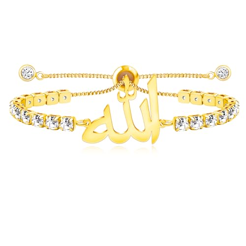 Allah Bracelet for Men and Women, Zircon Tennis Chain Adjustable Low Sensitivity Islamic True God Jewelry for Husband Wife Mom Dad's Religious Belief Gift - color: gold