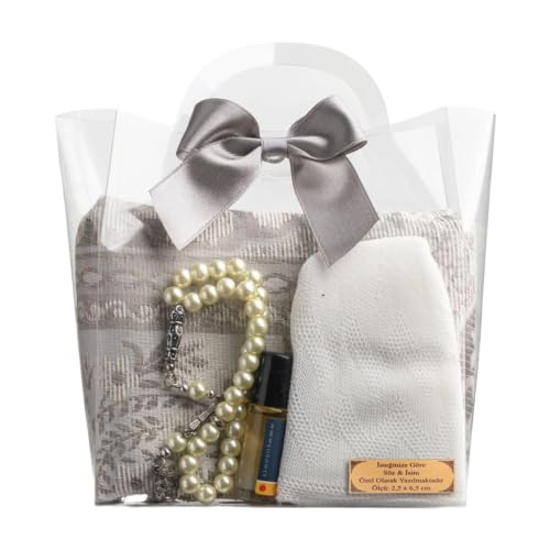 Islamic Prayer Set for Women Gray 25.6 x 43.3 in Tafta Prayer Rug Standard Takke 33-Bead 0.31 in Rosary 5cc Buhara Essence in Acetate Box Spiritual Gift for Mother Wife Sister Friend - Gray, 26x43 inc