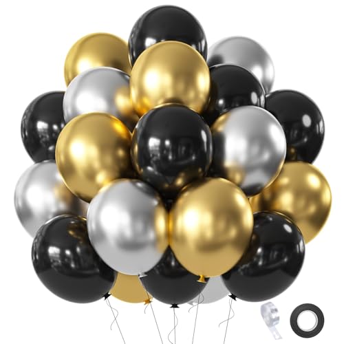 Black Gold Silver Balloons Set, 60 Pcs 12 Inch Metallic Chrome Gold Silver Balloon Black Silver Gold Balloons for Birthday Wedding Graduation New Year Party Decoration - color: Black Gold Silver
