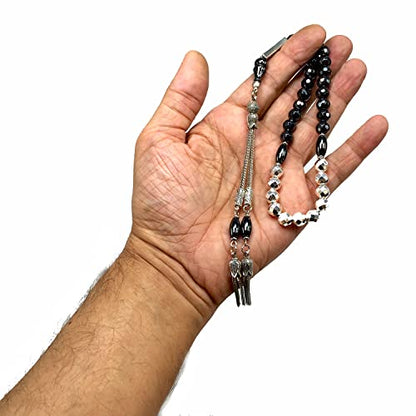 Design-Long & Stylist Tassels Collection Worry Beads-Prayer Beads-Tesbih-Tasbih-Tasbeeh-Misbaha-Subha-Sebha-Sibha-Rosary (Black and Silver Plated Hematite 8 mm 33 Beads & Bracelet) - color: -Faceted Black and Silver Plated Hematite 8 mm 33 Beads & Bracele