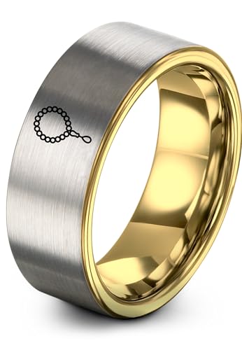 Tasbih Prayer Beads Ring - Gift for Muslim - Tungsten Carbide - Band - Black Yellow Gold Silver - Flat Dome Bevel - Men Women - Personalized Custom Engraving - 8mm - Anniversary Engagement Wedding - color: 14 - Yellow Gold Grey Tungsten
