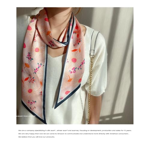 Silk Feeling Head Scarf Fashion Satin Hair Scarf Square Long Scarves for Women Gifts - color: 02 Pink Flower /5.12 X 59 Inch