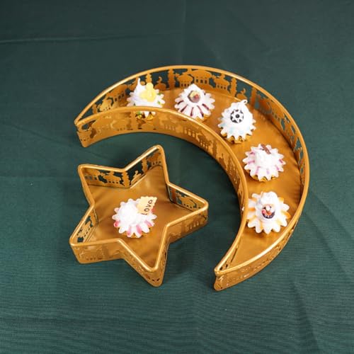 KYMY Ramadan Eid Mubarak Dessert Tray, Metal Crescent Moon Mosque Serving Platter, Islamic Muslim Arabic Dessert Snacks Sweets Centerpiece Tray for Ramadan Eid Home Party Supplies Decorations