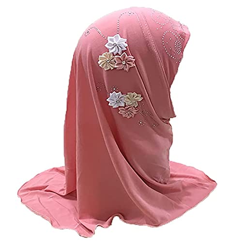 Girls Muslim Hijab Floral Lace Head Scarf Kids Islamic Arab Scarf Shawls Head Wrap with Flowers - color: Pink (6 Flowers)