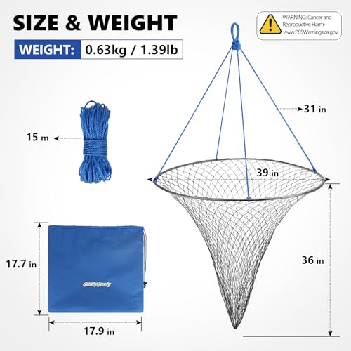 QualyQualy Large Bridge and Pier Fishing Net 32''/39'' Hoop, Foldable Drop Net Pier Fishing for Saltwater with Rope, Landing Net with Nylon Mesh, Collapsible Soft Steel Ring - color: Gray, size: L: 39''×36''