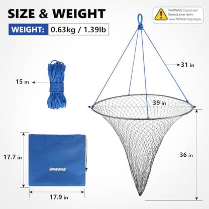 QualyQualy Large Bridge and Pier Fishing Net 32''/39'' Hoop, Foldable Drop Net Pier Fishing for Saltwater with Rope, Landing Net with Nylon Mesh, Collapsible Soft Steel Ring - color: Gray, size: L: 39''×36''