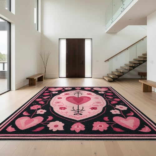 9'x12' Black Pink Heart Design Prayer Motif Washable Area Rug - color: Pink/Pattern 26, size: 9' x 12' (Rectangular)
