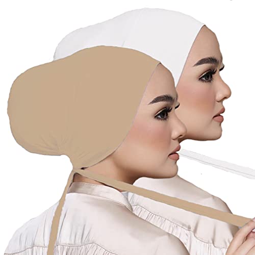 Women Under Scarf Hat Hijab Undercap Islamic Muslim Under Scarf Hijab Cap with Tie-Back Closure - color: White+beige(2pcs)