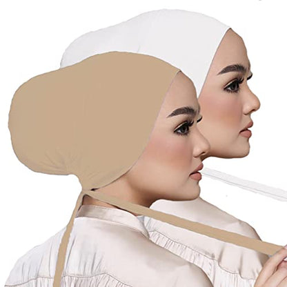 Women Under Scarf Hat Hijab Undercap Islamic Muslim Under Scarf Hijab Cap with Tie-Back Closure - color: White+beige(2pcs)