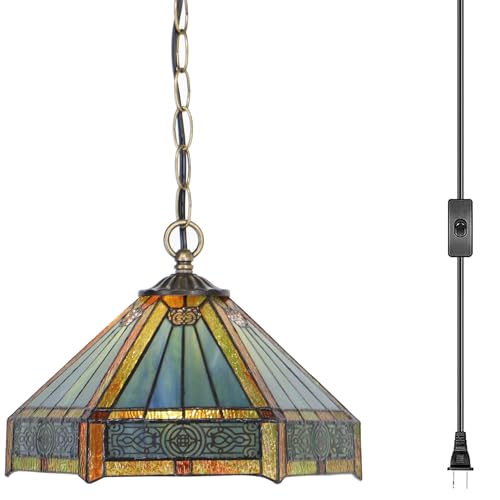 Tiffany Pendant Lamp Plug in 12 inches Stained Glass Hanging Light - color: Hexagon Mission Style
