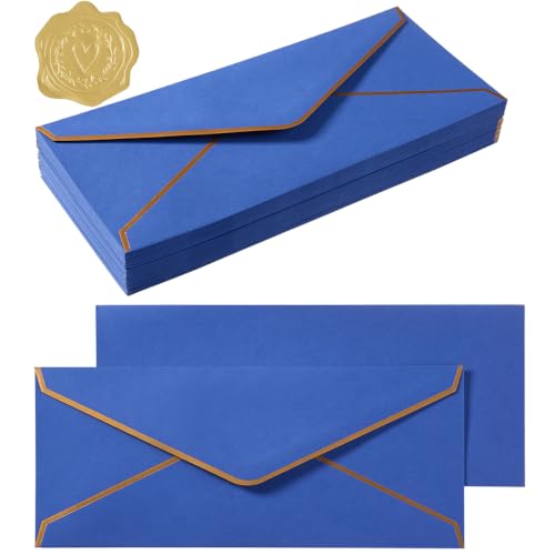 100 Pack #10 Business Envelopes with Gold Stickers, Blue | Self Seal Standard Envelopes with Gold Border, 4 1/8 x 9 1/2 Inches, For Office, Checks, Letter Mailing, Invoices - color: Blue