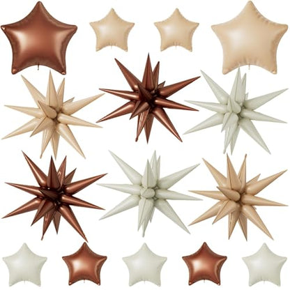 Cream Caramel Brown Star Balloons,16Pcs 22/18/10 Inch Foil Neutral Decor - color: Cream Caramel Brown