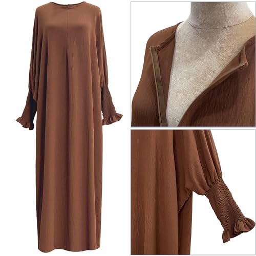 khalat Womens Muslim Prayer Dress Front Zipper Kaftan Islamic Robe Modest Solid Abayas for Women Muslim - color: Coffee