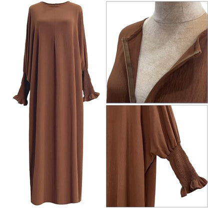 khalat Womens Muslim Prayer Dress Front Zipper Kaftan Islamic Robe Modest Solid Abayas for Women Muslim - color: Coffee